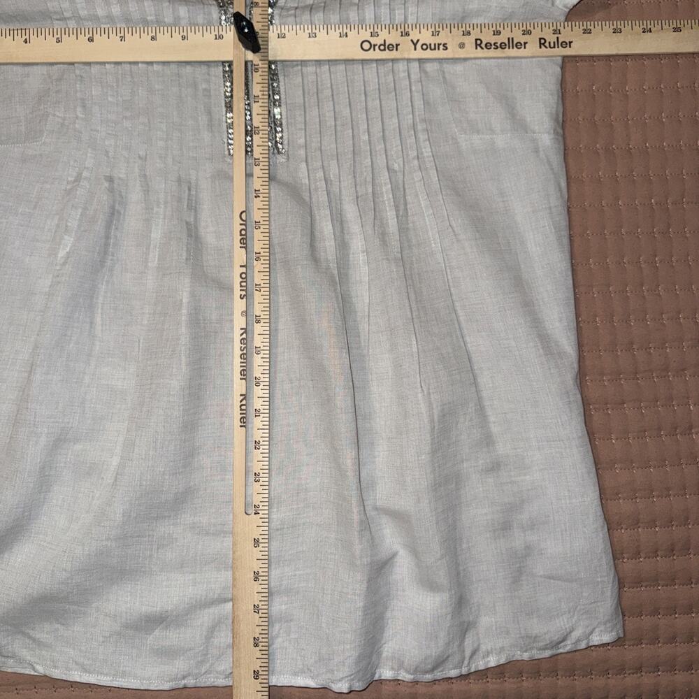 Chico’s NWT Sz 1 Gray Linen Cotton Blend Jeweled Pleated Neck Tunic Beachy Fun - Picture 6 of 9